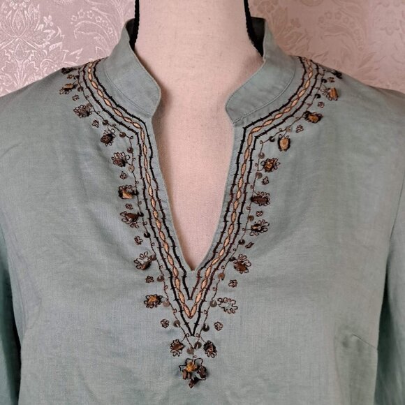 Rafaella Size 8 Light Green Tunic Embroidered Stone Accents 100% Linen Long Slv - Picture 2 of 13